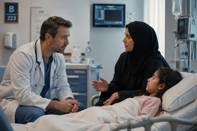 Arab mother beside her daughter's hospital bed during a clinical consultation